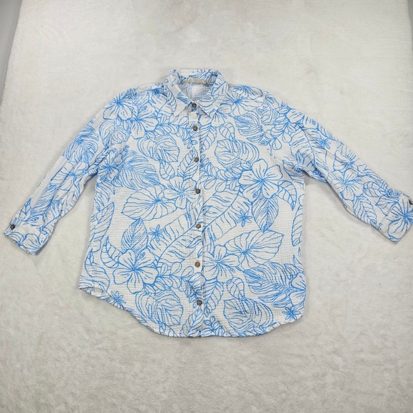 Ocean Drive Tops - Ocean Drive Womens Blue White Tropical Floral Cotton Gauze Button Down Shirt M
